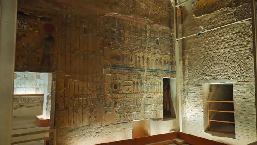 4k footage of Interior view of the famous Seti the first tomb that is decorated with gods figures and hieroglyphs in the valley of Kings in Luxor in Egypt. KV 17