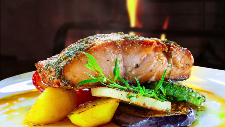 Grilled salmon steak with vegetables