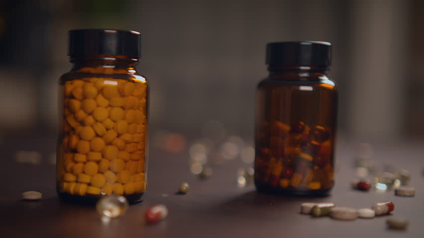 Vitamin bottles are arranged neatly on a wooden table, displaying various shapes and colors