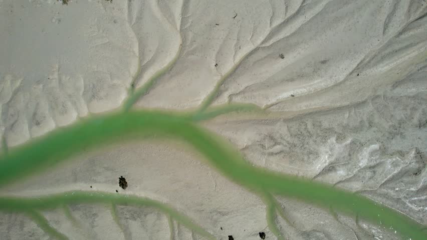 Aerial view of beautiful Willies Creek with patterns of sand and lush vegetation, Kimberley Region, Australia.