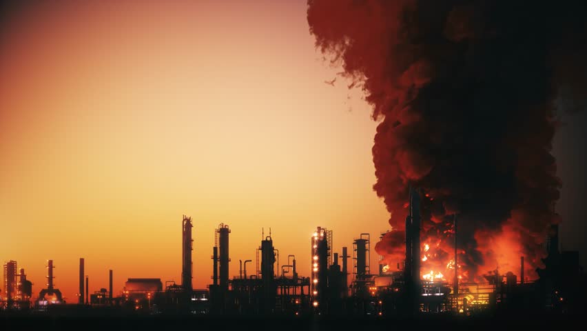 Burning oil and gas factory. Oil refinery burning, drone attack
