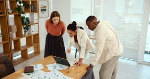 Business, team and laptop planning in meeting for content management, data analysis or digital marketing. Above, people or documents with ROI metrics for campaign performance or tracking web traffic - Powered by Shutterstock - Get 15% off with code: PIKWIZARD15
