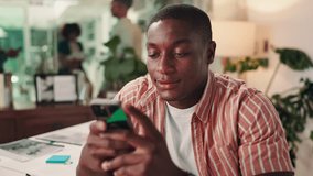 Happy, phone and black man in office with swipe online for stock market research with dividend yield. Cellphone, typing and financial trader reading on website for investment revenue or profit growth - Powered by Shutterstock - Get 15% off with code: PIKWIZARD15