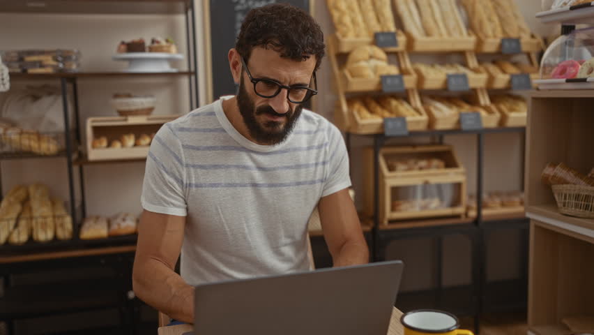 Young man with beard and glasses working on laptop in bakery filled with bread in the background