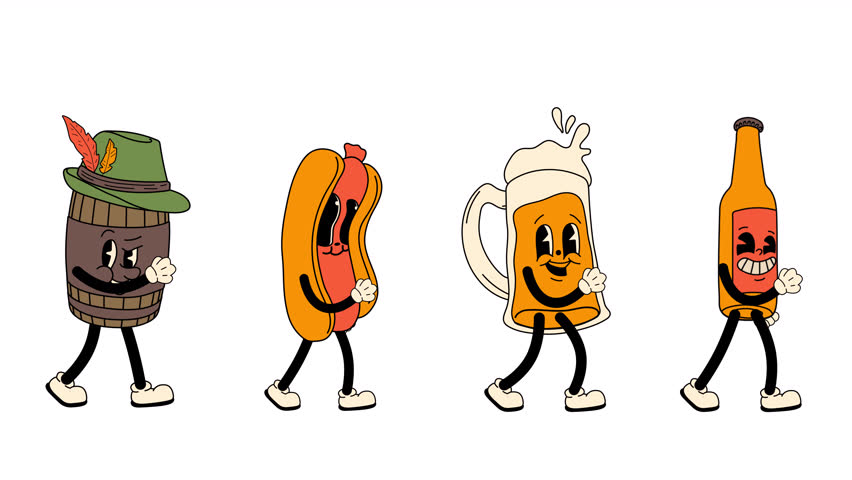 Set of retro cartoon characters designed as Oktoberfest mascots, walking in a seamless loop animation. Transparent background for easy use in designs and overlays