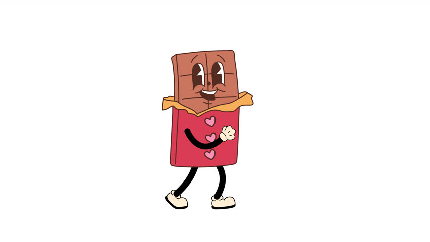 Retro cartoon style chocolate bar designed as a Valentine’s Day mascot, walking in a seamless loop animation. Transparent background for easy use in designs and overlays