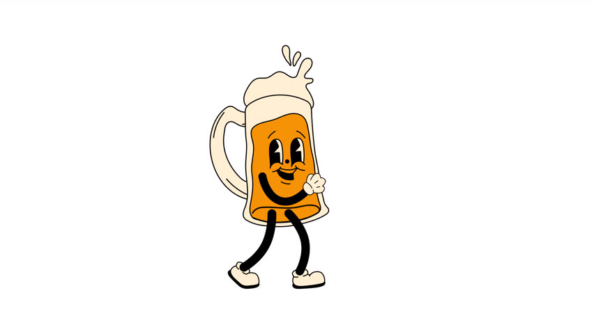 Retro cartoon style beer, designed as a Oktoberfest mascot, walking in a seamless loop animation. Transparent background for easy use in designs and overlays