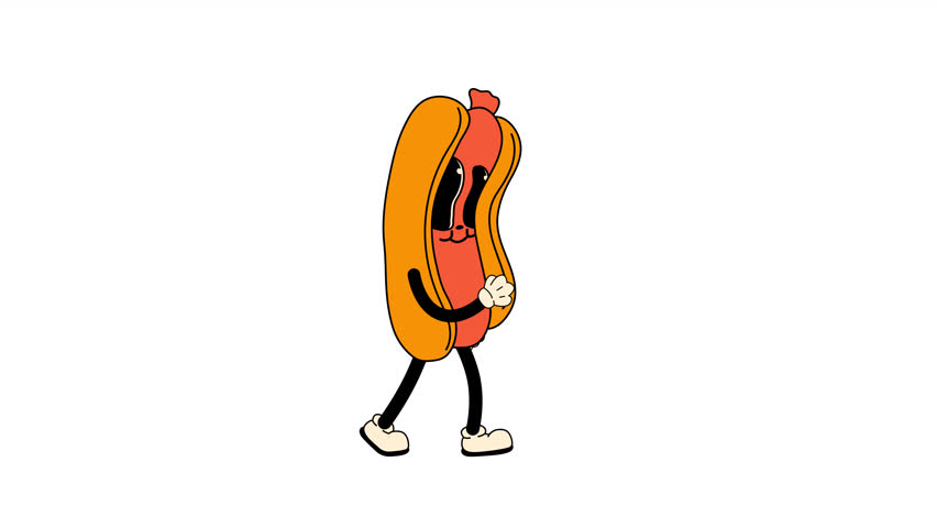 Retro cartoon style Hot Dog, designed as a Oktoberfest mascot, walking in a seamless loop animation. Transparent background for easy use in designs and overlays