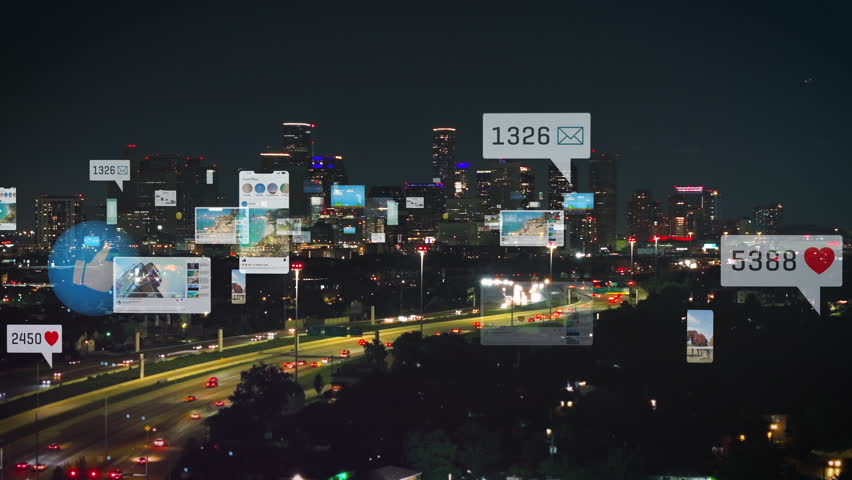 Social media activity with augmented reality icons over Houston, Texas. Concept of big data, smart city and social networks - Powered by Shutterstock - Get 15% off with code: PIKWIZARD15