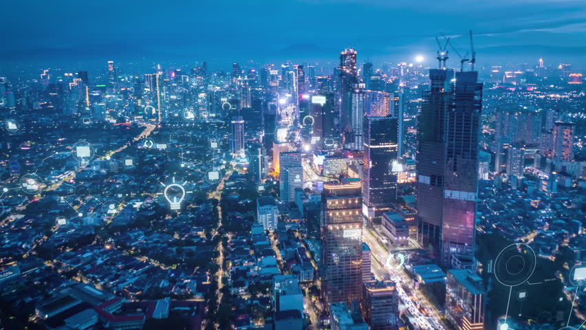 Jakarta's nighttime skyline features augmented reality graphics, visionary smart city concept with vibrant lights and cutting edge technology enhancing the urban scene