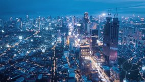 Jakarta's nighttime skyline features augmented reality graphics, visionary smart city concept with vibrant lights and cutting edge technology enhancing the urban scene - Powered by Shutterstock - Get 15% off with code: PIKWIZARD15
