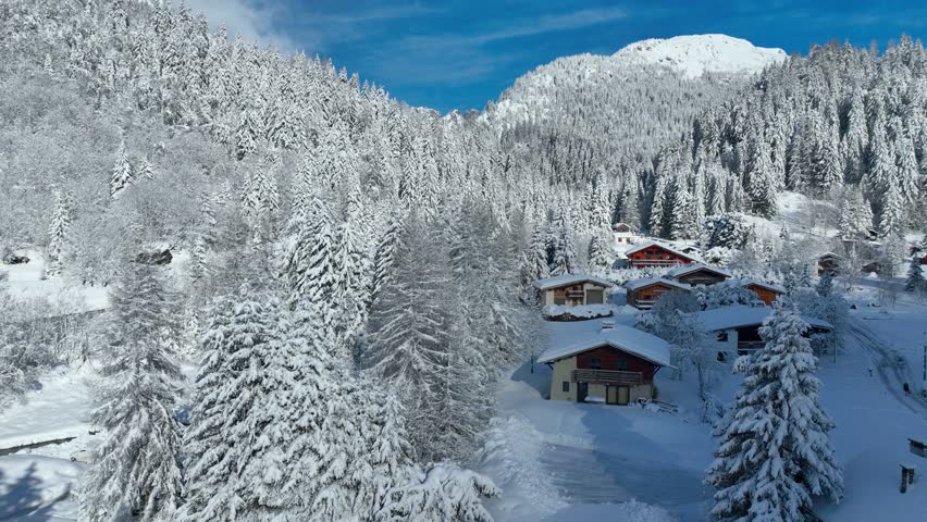 Frosty snowy forest in Chamonix, France, French ski resort of Chamonix with alpine chalets on a sunny day, aerial view