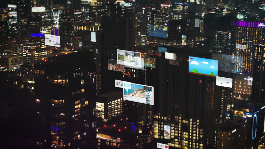 Austin's skyline at night features augmented reality social media sharing data and user interface graphics, dynamic blend of urban technology and innovation