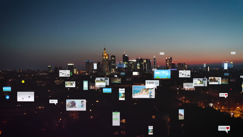Floating social media icons and counters overlay a city skyline at sunset, augmented reality role in enhancing urban life and communication
