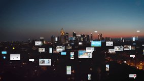 Floating social media icons and counters overlay a city skyline at sunset, augmented reality role in enhancing urban life and communication - Powered by Shutterstock - Get 15% off with code: PIKWIZARD15