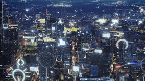 Austin's skyline at night showcases a digital overlay of icons representing a smart city concept, fusion of technology and urban growth in a contemporary setting - Powered by Shutterstock - Get 15% off with code: PIKWIZARD15