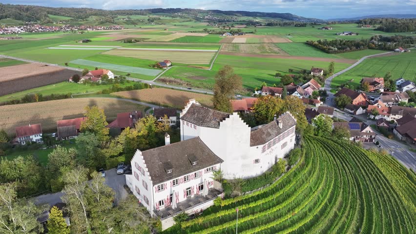 Aerial view of picturesque Castle Schwandegg surrounded by lush fields and charming village, Zurich, Switzerland.