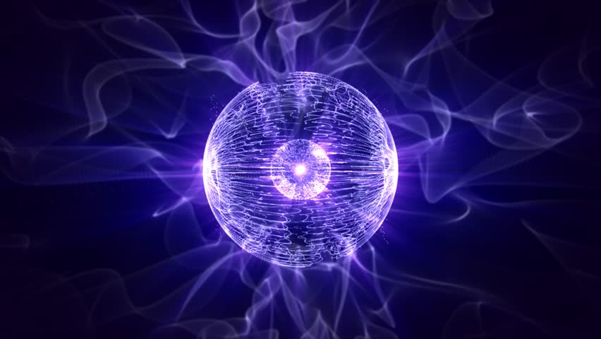 Looped animation of shiny sphere made of bright magnetic lines and particles with waves of energy on a dark blue background. Abstract atom core screensaver for science and technology. VJ loop 4K 60fps