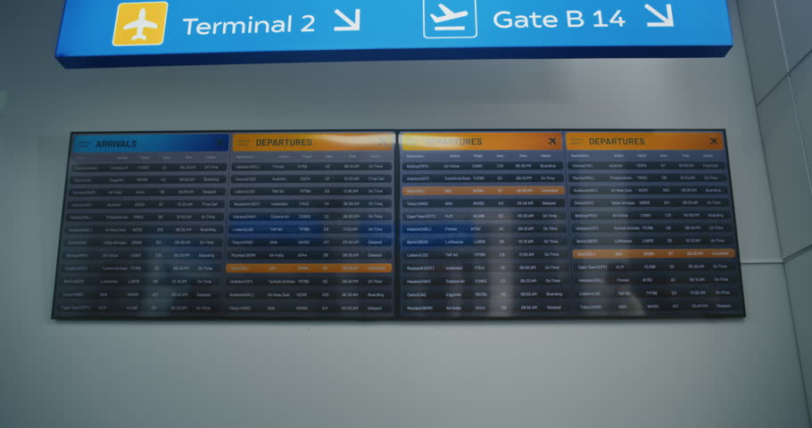 Diverse People and Airport Staff Walking In International Airport Terminal. Passengers with Luggage and Tickets Checking Departures on Digital Departure Board. Flight Information Display For Travelers