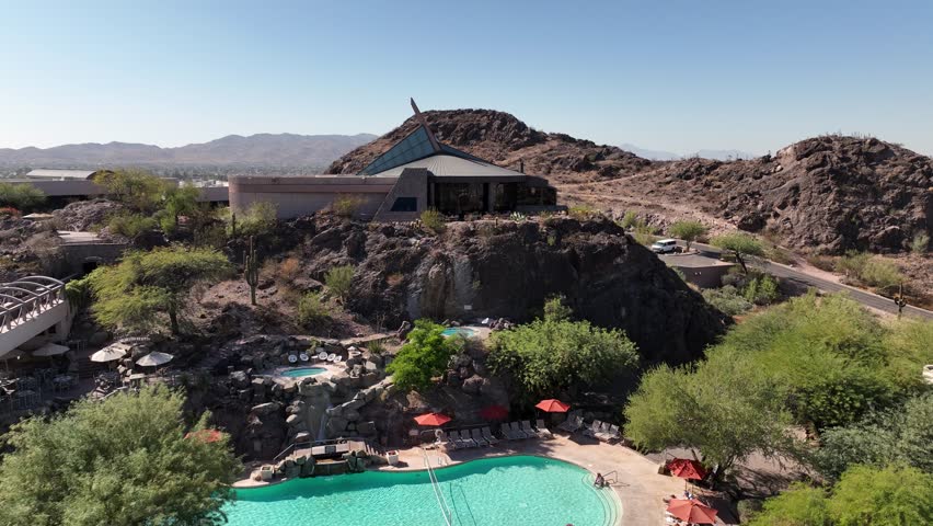 Aerial view of Marriott Phoenix Resort Tempe at the Buttes with scenic pool and majestic mountain backdrop, Tempe, United States.