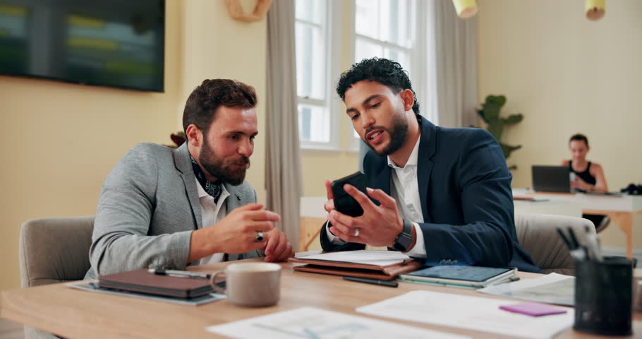 Business men, high five and celebration for phone video, team planning and online for media research. Smile, advertising report and success for social engagement on website, campaign or brainstorming