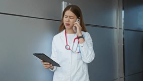 Female doctor stands outdoors using tablet while on phone call, conveying urgency and focus with urban hospital backdrop. - Powered by Shutterstock - Get 15% off with code: PIKWIZARD15