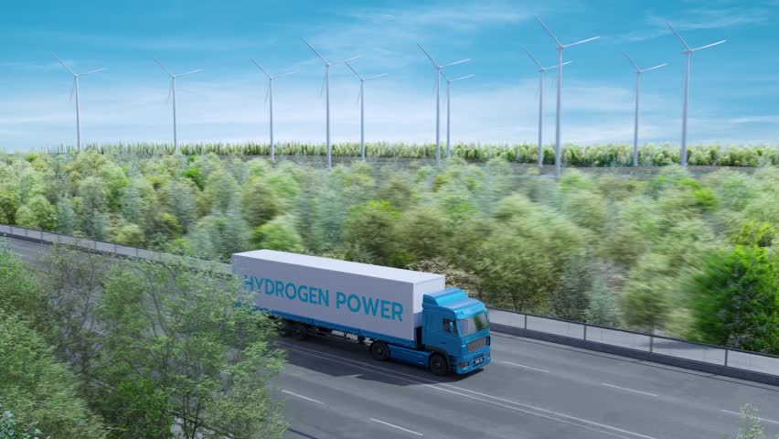 Futuristic hydrogen-powered trucks drive on a highway surrounded by greenery and wind turbines, representing sustainable and eco-friendly transport solutions.