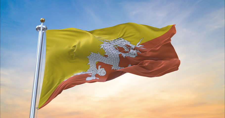 Flag of Bhutan realistic waving in the wind with sundown background (Perfect Loop)