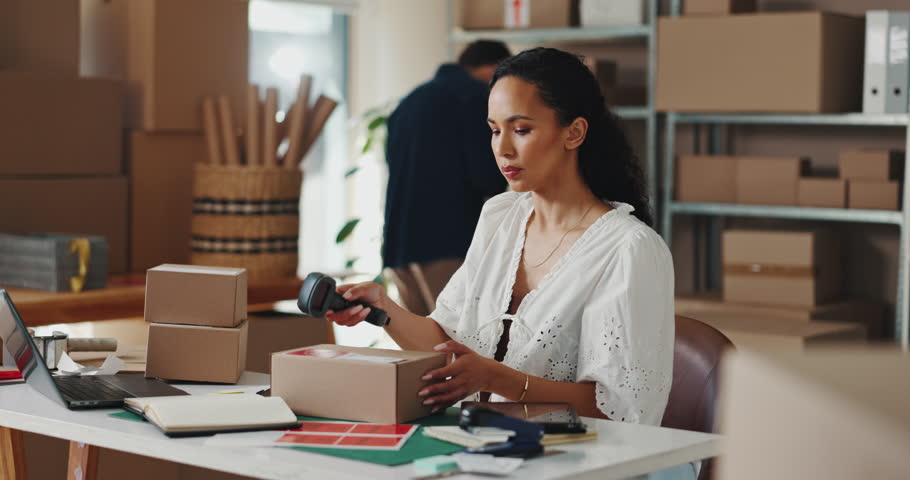 Scan, packaging info and woman with courier, supplier and shipping for small business distribution. Supply chain, logistics and inventory with e commerce, owner and pack parcel for delivery service