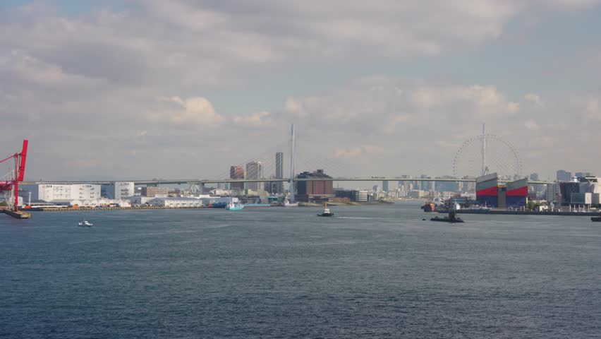 Osaka Japan, Beautiful Bay and City Background with Boats and Submarine