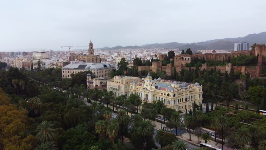 Aerial drone video of Malaga city in Andalucia, Spain