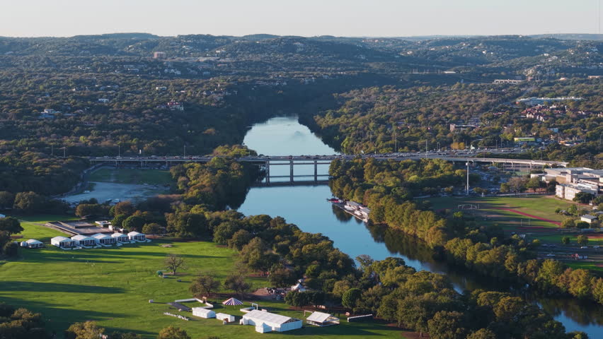 Aerial view toward the Roberta Crenshaw bridge, fall evening in Austin, TX, USA