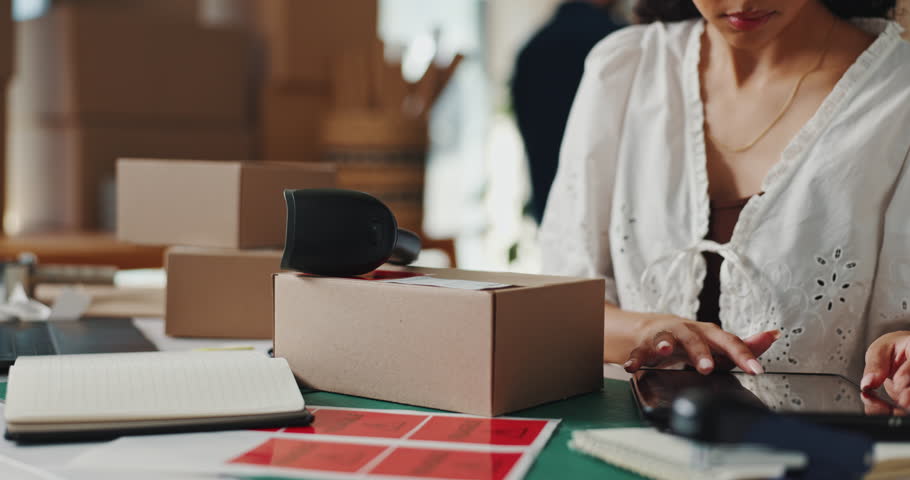 Scanner, packaging info and woman with courier, supplier and shipping for small business distribution. Supply chain, logistics and inventory with e commerce, owner and parcel for delivery service