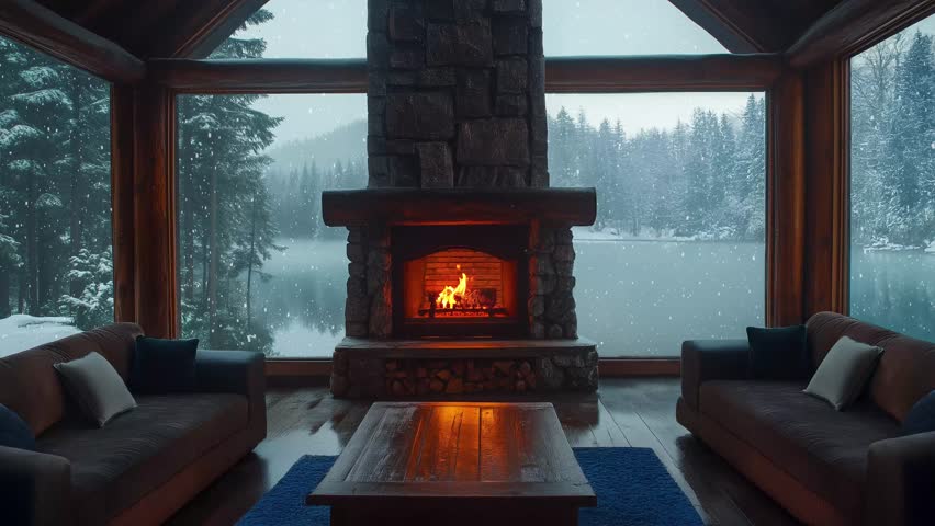 relaxing cozy cabin in the woods with fireplace, snowy forest view, 4K UHD horizontal resolution, desktop wallpaper, yt relaxing video, endless looped background animation