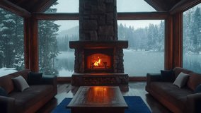 relaxing cozy cabin in the woods with fireplace, snowy forest view, 4K UHD horizontal resolution, desktop wallpaper, yt relaxing video, endless looped background animation - Powered by Shutterstock - Get 15% off with code: PIKWIZARD15