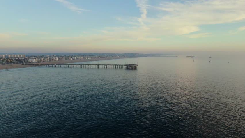 Aerial Forward Flight Over Venice Fishing Pier, Los Angeles, California, USA