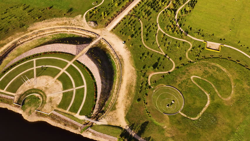 Memorial site Liktendarzs on the island in Koknese in Latvia. Aerial