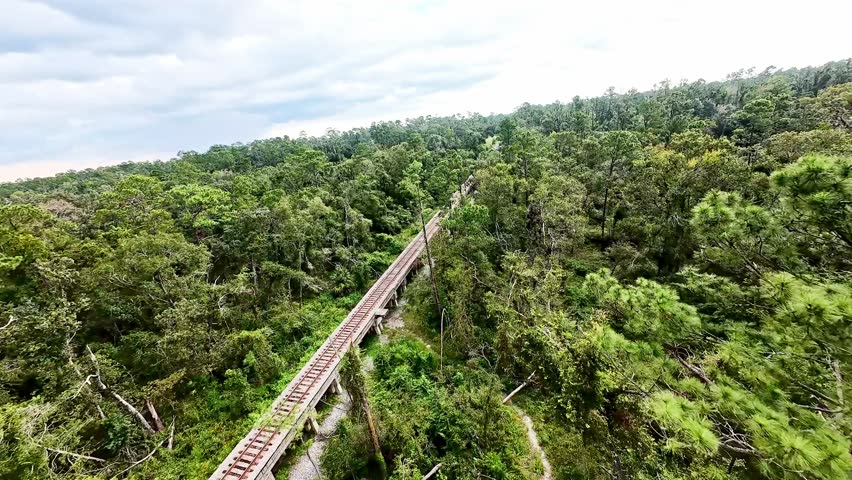 Aerial footage following the Florida Central and Western Railroad line toward the iconic Ellaville Rail Bridge over the Suwannee River. The views showcase the natural beauty of Florida’s countryside.