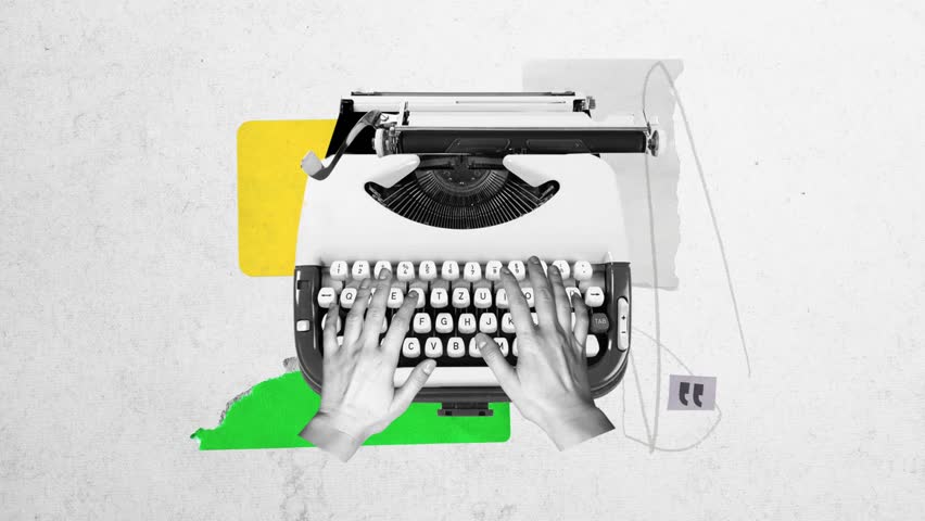 Modern surrealistic art collage with typewriter and hands on textured background. Black and white graphics with bright accents and minimalism.