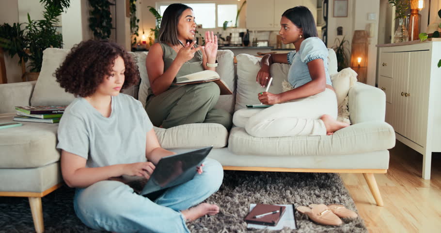 Women, study group and laptop in home for learning, project collaboration and brainstorming. Students, tech and writing in living room for teamwork, planning and higher education for girls in clique