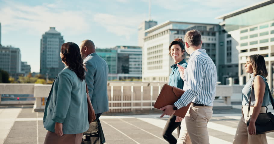 Discussion, city and collaboration for group, walking or conversation for development of district. Outdoor, urban planner and colleagues with ideas for investment, people or chat for economic growth
