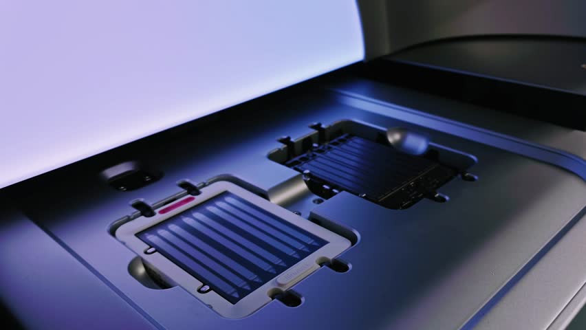 DNA sequencer. Gloved hand is handling flow cell with multiple lanes for DNA samples placed inside sequencer, prepared for sequencing. High-tech laboratory environment, genetic analysis and research