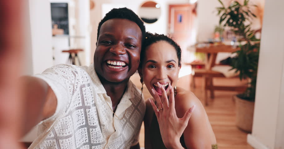 Couple, face or engagement ring in home for selfie, romance or love on social media with smile. Portrait, interracial relationship or people excited for marriage proposal vlog or celebration together
