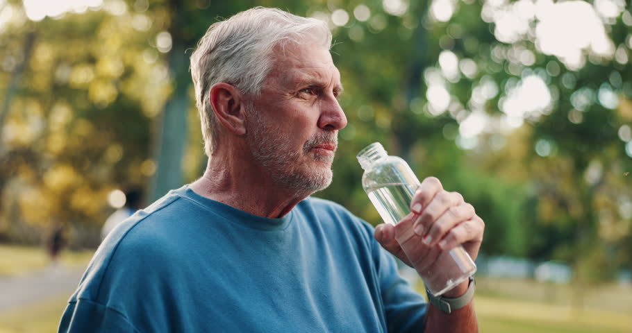 Nature, senior man and fitness with water for hydration, wellness and nutrition on exercise break. Park, male person and detox with h2o bottle for thirst, health and workout outdoor in retirement
