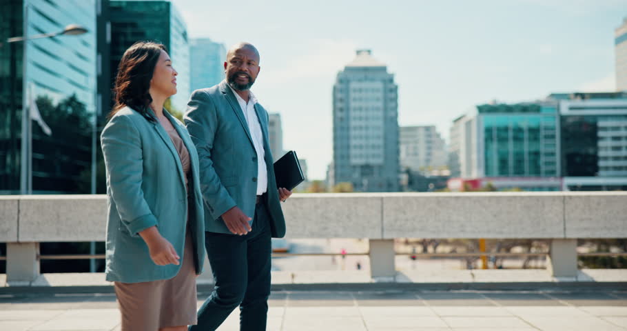 Outdoor, travel and business people with conversation, collaboration and commute with cooperation. New York, group or employees in urban town, schedule or deadline with city development or chatting