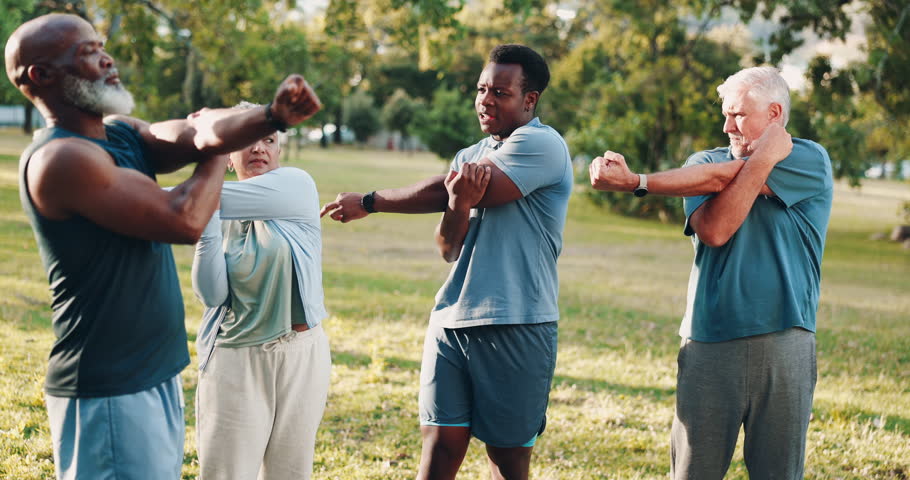 Coach, stretching arms or senior friends in park for fitness or body mobility in outdoor workout together. Group, elderly or people in warm up for training, exercise or retirement community in nature