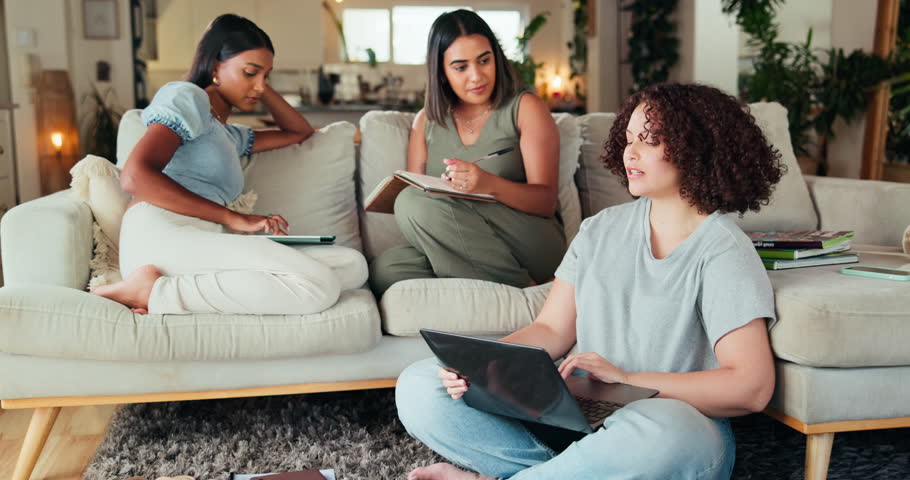 Education, group project and research with woman students in living room of home for scholarship. Books, laptop and learning with friends writing in apartment for college or university assignment