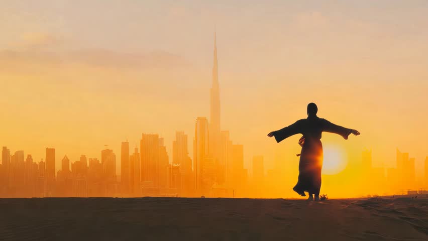 Arabic woman weared in traditional UAE dress - abayain rising her hands on the sunset at a desert with Dubai city silhouette on the background.