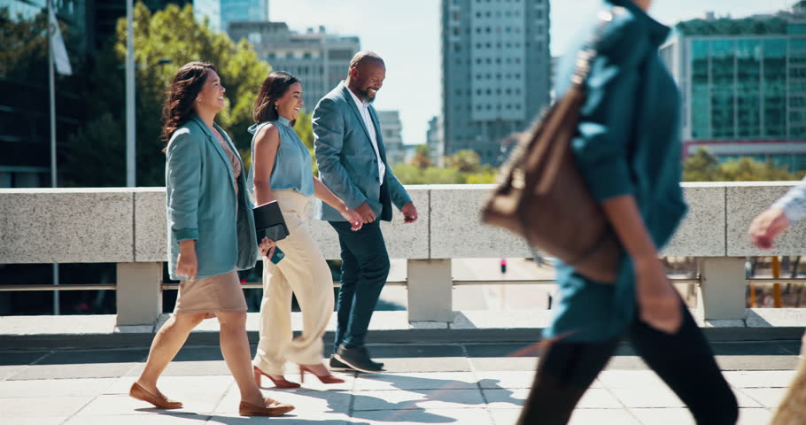 Outdoor, walking and business people with conversation, travel and commute with cooperation. New York, group or employees in urban town, schedule or deadline with collaboration, buildings or chatting