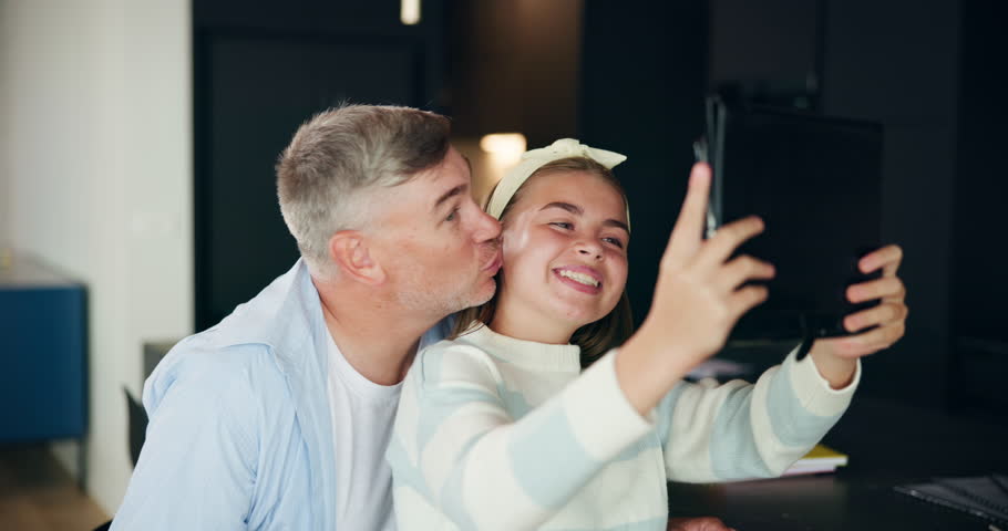 Tablet, selfie and father with child in home for memory, profile picture and bonding together. Happy, technology and dad with kiss on cheek for girl kid with photography for social media in house.